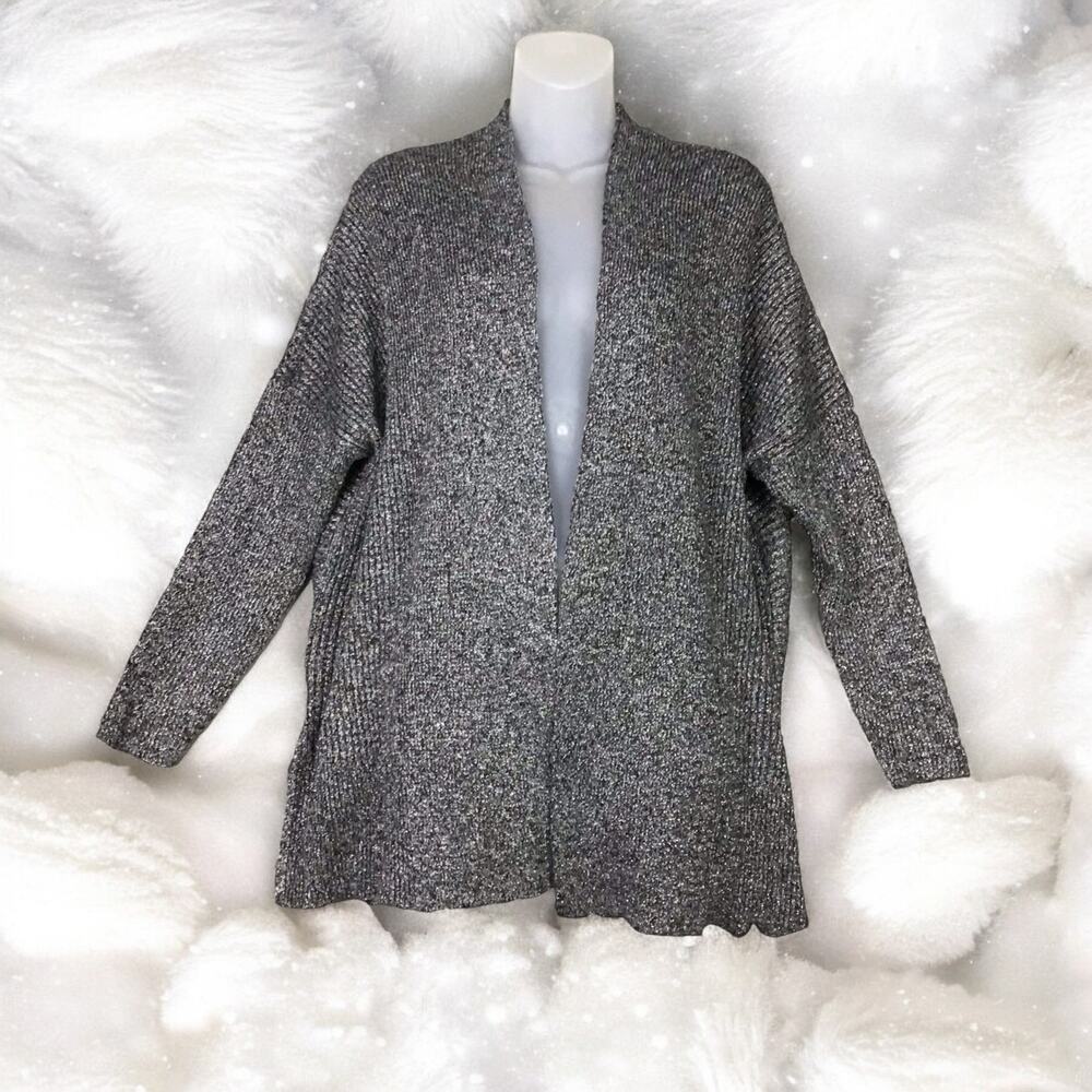RBX Women’s Medium Open Front Cardigan Black Silver Metallic Knit Long Sleeve